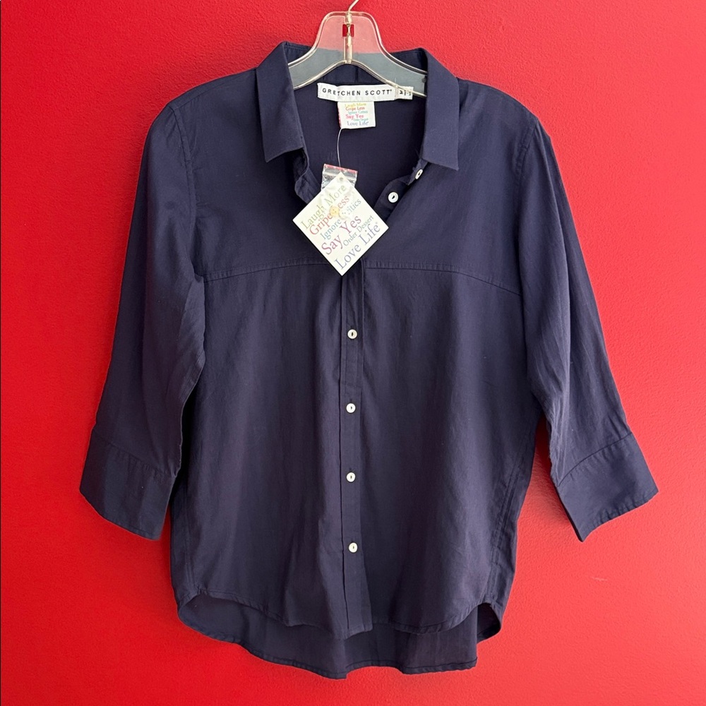 NWT Gretchen Scott Navy Sleek Voile Cotton Shirt M